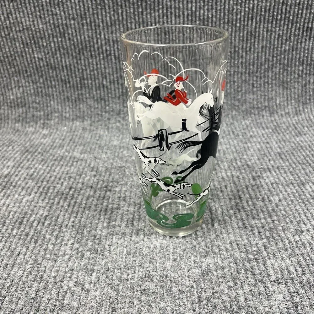 VTG HAZEL‎ ATLAS Glass Fox Hunt Tally Ho Cocktail Martini Shaker & Shot Glasses